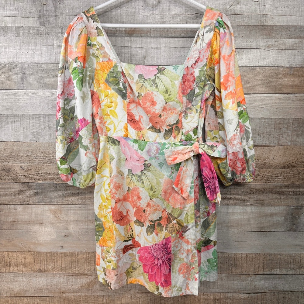 Vince Camuto Ivory Floral Smocked Square Neck Faux Wrap Puff Sleeve Dress 10